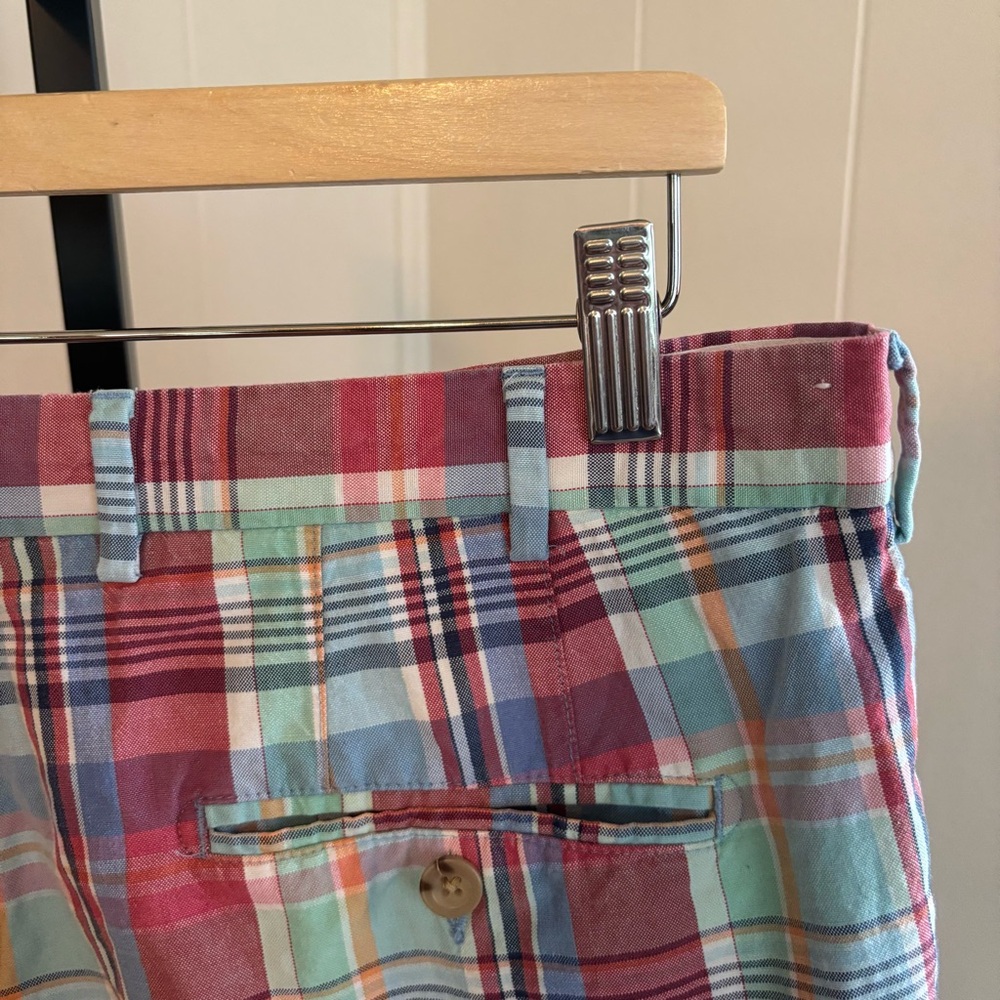 Peter Millar Men’s 34x7.5 Seaside Madras Plaid Golf Chino Shorts Linen Blend